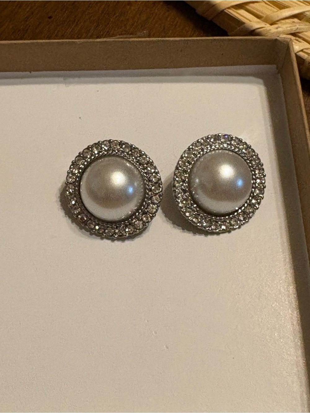 Pearl Center Crystal Halo Clip Earrings - Antique Pearl Silver Tone